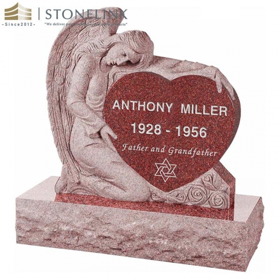 Single angel holding heart granite headstone