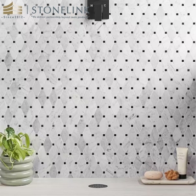 White Carrara and Black Marquina polished marble mosaic